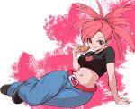  1girl arm_support belt black_shirt black_shoes blue_pants breasts commentary_request cookie cropped_shirt denim flannery_(pokemon) food full_body hair_tie holding holding_cookie holding_food jeans looking_at_viewer lying medium_breasts midriff navel on_side pants pink_eyes pink_hair pokemon pokemon_oras red_belt shirt shoes smile solo yoshikage_(yo4kage) 