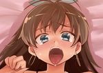  ahegao blue_eyes blush bow brown_hair earrings face ganaha_hibiki hair_bow heebee hoop_earrings idolmaster idolmaster_(classic) implied_sex jewelry long_hair open_mouth ponytail saliva solo sweat tears tongue tongue_out 