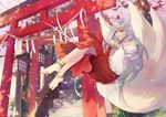  animal_ears anklet barefoot cherry_blossoms crossed_legs feet floating fox_ears fox_tail frills hakama highres japanese_clothes jewelry juuya kimono long_hair magic miko multiple_torii original paper plantar_flexion red_hakama silver_hair sitting smile stairs tail toes torii yellow_eyes 