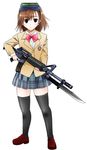  assault_rifle bayonet black_eyes blazer brown_hair foreshortening gun holding holding_gun holding_weapon jacket m4_carbine misaka_imouto pleated_skirt rifle sentape short_hair simple_background skirt solo thighhighs to_aru_majutsu_no_index trigger_discipline weapon 