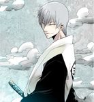  bleach cloud clouds ichimaru_gin katana male male_focus silver_hair smile sword weapon 