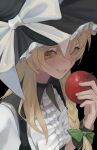  1girl absurdres apple black_background black_collar black_vest black_wrist_cuffs blonde_hair bow braid collar food frilled_shirt frills fruit green_bow grin hat highres holding holding_food holding_fruit kirisame_marisa kooooo_chan long_hair shirt simple_background single_braid smile solo touhou upper_body vest white_bow white_shirt witch_hat wrist_cuffs yellow_eyes 