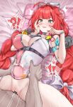  !? 1boy 1girl absurdres bar_censor blush breasts censored commentary_request daram_(shappydude) glasses green_eyes green_hair heart heart-shaped_eyewear hetero highres large_breasts long_hair missionary mosaic_censoring penis pussy red_hair sex sphere_hair_ornament spread_legs stomach_bulge swimsuit ukinami_yuzuha ukinami_yuzuha_(tanuki_in_broad_daylight) vaginal zenless_zone_zero 