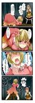  2girls 4koma aki_minoriko aki_shizuha anger_vein bamboo_shoot basket blonde_hair comic dress flower food fruit grapes hair_ornament hat highres multiple_girls red_eyes short_hair siblings sisters tenko_(gintenko) touhou translated 