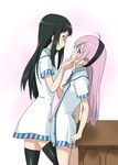  2girls black_hair blush brown_eyes cencored hair_band hairband hand_on_another's_cheek hand_on_another's_face hand_on_cheek hand_on_hip hips incipient_kiss kiss multiple_girls nanto_yaya okuwaka_tsubomi pink_hair saliva strawberry_panic strawberry_panic! thighhighs yuri 