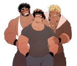  3boys affectionate arm_hair bara beard blonde_hair boy_sandwich character_request chest_hair dark-skinned_male dark_skin edwin_(kokukokuboo) facial_hair feet_out_of_frame fingernails glasses goatee grey_pants grey_shirt hand_on_another&#039;s_arm happy highres jacket jewelry kokukokuboo large_pectorals long_sideburns male_focus mature_male multiple_boys muscular muscular_male necklace open_clothes open_jacket orange-tinted_eyewear original pants partially_unbuttoned pectoral_cleavage pectorals pointy_ears sandwiched sharp_fingernails shirt short_hair sideburns sleeves_rolled_up smile standing sunglasses tank_top thick_eyebrows tinted_eyewear white_tank_top 