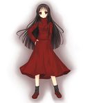  alma_(f.e.a.r.) black_hair black_legwear dress f.e.a.r. hand_on_hip long_hair mary_janes niboss red_dress red_eyes shoes socks solo 