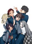  2boys 4girls blazer blonde_hair blue_jacket blue_skirt blue_socks blush bow breasts brown_eyes brown_hair chest_bow chuo_tanegashima_high_school_uniform chuo_tanegashima_high_winter_school_uniform daitoku_junna ears_visible_through_hair everyone fukuda_tomonori glasses green_sailor_collar grey_jacket group_hug hidaka_subaru highres holding holding_hands hug jacket koujiro_frau leather_belt long_hair long_sleeves looking_at_viewer miniskirt mouth_visible_through_hair multiple_boys multiple_girls non-web_source official_art open_mouth pleated_skirt red_undershirt ribbon robotics;notes sailor_collar school_uniform science_adventure senomiya_akiho serafuku shirt short_hair skirt small_breasts smile smirk socks twintails v white_background white_shirt yashio_kaito yukifune_airi 