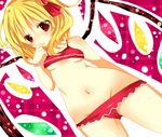  bad_id bad_pixiv_id bare_shoulders blonde_hair blush esuke finger_to_mouth flandre_scarlet groin hair_ribbon highres navel no_hat no_headwear panties red_eyes red_panties ribbon short_hair side_ponytail solo touhou underwear underwear_only wings 