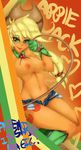  &lt;3 anthro anthrofied applejack_(mlp) big_breasts blonde_hair boots boy_shorts breasts clothed clothing cowboy_hat cutie_mark equine female freckles friendship_is_magic gloves green_eyes hair hasbro hat horse jeans lasso long_hair looking_at_viewer mammal my_little_pony navel nipples pony rope shorts shoulder_freckles skimpy slugbox solo text tongue topless underwear whip 