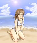  barefoot beach bikini blush breasts brown_eyes brown_hair capcom cleavage cloud clouds cyan_(pixiv2086976) devil_may_cry devil_may_cry_4 feet female happy kyrie long_hair sitting sky smile solo swimsuit water 