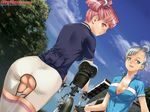  ass bicycle bike_shorts blush breasts cleavage fingerless_gloves galge.com gloves green_hair konohana large_breasts looking_back original photoshop pink_hair pussy pussy_juice silver_hair sky sweat thighhighs uncensored x-ray zipper 