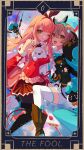  2girls :d absurdres arcaea ayu_(arcaea) black_boots black_hairband black_pantyhose black_shirt blue_bow blunt_bangs boots bow bow_hairband braid breasts brown_hair cake cake_slice card_(medium) closed_mouth cloud commentary_request cookie detached_sleeves food frilled_sleeves frills full_body hair_between_eyes hairband half_up_braid highres holding holding_stuffed_toy kou_(arcaea) lace-up_boots long_hair looking_at_viewer medium_breasts multiple_girls one_eye_closed open_mouth pantyhose pia_nano pink_hair pleated_skirt red_skirt red_sleeves shirt shorts skirt sky smile stuffed_toy tarot tarot_(medium) teeth the_fool_(tarot) thigh_boots thighhighs two-tone_shirt upper_teeth_only very_long_hair very_long_sleeves white_shirt white_shorts white_thighhighs yellow_eyes 