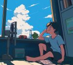  1boy artist_name black_hair black_shorts blue_sky child cloud day film_grain full_body male_focus md5_mismatch nemushima original plant potted_plant radio ramune resolution_mismatch shirt shorts sitting sky smile solo source_larger summer white_shirt window 