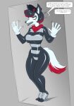 2025 against_surface anthro black_hair black_latex bodysuit breasts c91 canid canine clothing dialogue female fluffy fluffy_tail footwear fox french_text fur gloves hair handwear hi_res high_heels highlights_(coloring) implied_transformation latex latex_bodysuit latex_clothing latex_skinsuit mammal mime multicolored_bodysuit multicolored_clothing multicolored_hair multicolored_skinsuit on_glass red_body red_fur red_highlights red_scarf scarf shoes skinsuit solo speech_bubble stormwave_(character) tail text tight_clothing translated trapped two_tone_bodysuit two_tone_clothing two_tone_hair two_tone_skinsuit white_body white_clothing white_fur white_gloves white_handwear white_latex
