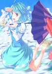  ahoge bad_id bad_pixiv_id blue_eyes blue_hair cloud day fang flying full_body geta hand_on_forehead heterochromia karakasa_obake ogino_(oginogino) open_mouth purple_umbrella red_eyes saliva short_hair skirt solo tatara_kogasa tongue touhou umbrella 