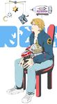  aircraft bad_id bad_pixiv_id blonde_hair blue_eyes blue_jacket bomber_jacket chair denim dirigible helmet jacket jeans keith_goodman male_focus mobile neshichi pants shoes sitting sky_high sneakers snow_globe tiger_&amp;_bunny zeppelin 