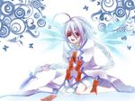  bangs blazblue braid eyepatch long_hair nu-13 open_mouth silver_hair single_braid sitting solo wariza wings yuukikorosuke 