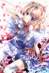  alice_margatroid arm_ribbon arm_up bad_id bad_pixiv_id belt blonde_hair blue_dress blue_eyes bug butterfly capelet dress hairband insect leg_ribbon nanase_nao petals red_string ribbon sitting solo string thighhighs touhou white_legwear zettai_ryouiki 