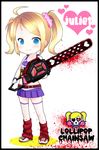  &gt;:) 1girl aya_tokachi belt blonde_hair blood blue_eyes blush chainsaw cheerleader chibi clothes_writing female grasshopper_manufacture juliet_starling juliet_sterling leg_warmers logo lollipop_chainsaw long_hair midriff miniskirt scrunchie shoes skirt smile sneakers solo thighhighs twintails uniform white_legwear wristband 