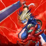  belt chain claws dungeon_and_fighter fang headband highres huge_weapon long_hair male_focus red_background red_eyes slayer_(dungeon_and_fighter) solo sword vest weapon 