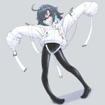  1girl ahoge belt_buckle black_bow black_bowtie black_hair blue_eyes blue_hair bodysuit bodysuit_under_clothes bow bowtie buckle colored_inner_hair crotch_zipper earrings full_body grey_background hair_intakes highres id_card jewelry latex latex_bodysuit looking_at_viewer menou_74 multicolored_hair original outstretched_arms oversized_clothes pigeon-toed ringed_eyes sharp_teeth shiny_clothes skin_tight sleeves_past_fingers sleeves_past_wrists solo spread_arms standing straitjacket teeth two-tone_hair 
