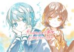  2girls bad_id bad_twitter_id blue_bow blue_bowtie blue_eyes blue_hair blue_ribbon blue_shirt bob_cut bow bowtie brown_eyes brown_hair brown_sailor_collar brown_shirt color_variation commentary_request facing_viewer grey_sailor_collar hair_ribbon hands_on_own_face hands_up head_rest highres kuraberarekko leg_up light_smile long_sleeves looking_at_another milestone_celebration multiple_girls official_alternate_color official_art omutatsu ribbon sailor_collar school_uniform serafuku shirt song_name translation_request tuyu_(band) upper_body water_drop white_background white_sleeve_cuffs yellow_bow yellow_bowtie yellow_ribbon 