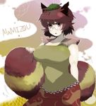  animal_ears breasts brown_eyes brown_hair character_name futatsuiwa_mamizou glasses image_sample large_breasts leaf leaf_on_head md5_mismatch oniku_(mndayo) pixiv_sample raccoon_ears raccoon_tail skirt solo tail touhou upper_body 