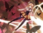  beret black_legwear blonde_hair boots brown_eyes bug butterfly corset detached_sleeves dress drill_hair full_body hat insect knee_boots mahou_shoujo_madoka_magica run_(mayuru) short_hair smile solo striped striped_legwear thighhighs tomoe_mami twin_drills twintails vertical-striped_legwear vertical_stripes zettai_ryouiki 