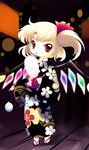  :p blonde_hair child cotton_candy flandre_scarlet highres japanese_clothes kimono no_hat no_headwear red_eyes sandals short_hair side_ponytail solo tongue tongue_out touhou wings yukata yume_shokunin 