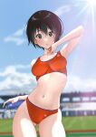  1girl arm_behind_back ass_visible_through_thighs black_eyes black_hair blue_sky bottle breasts buruma cloud contrapposto cowboy_shot day furuyama_itaru hair_between_eyes hand_up lens_flare looking_at_viewer medium_breasts midriff navel original outdoors parted_lips red_buruma red_sports_bra short_hair sky solo sports_bra sportswear standing sunlight track_and_field track_uniform water_bottle 