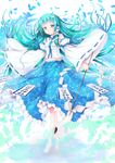  aqua_eyes aqua_hair bad_id bad_pixiv_id barefoot dabadhi detached_sleeves frog green_eyes green_hair hair_ornament hair_tubes highres kochiya_sanae long_hair midriff ofuda skirt snake solo touhou 