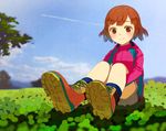  bad_id bad_pixiv_id blurry blush boots brown_eyes brown_hair clover condensation_trail day depth_of_field light_smile original short_hair shorts sitting sky solo tko_(hhan) 