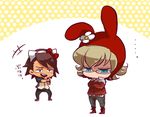  2boys animal_ears aqua_eyes bad_id bad_pixiv_id barnaby_brooks_jr belt blonde_hair boots bow brown_eyes brown_hair bunny_ears cat_ears chibi crossed_arms facial_hair flower glasses hat hello_kitty jacket jewelry kaburagi_t_kotetsu laughing male_focus multiple_boys my_melody necklace necktie nishiyama_(whatsoy) onegai_my_melody pout red_jacket stubble studded_belt tears thumbs_up tiger_&amp;_bunny vest waistcoat 