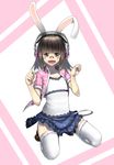  animal_ears bandages bandaid blush brown_hair bunny_ears bunny_pose facial_tattoo headphones mossari_poteto open_mouth original pose red_eyes skirt smile solo tattoo thighhighs white_legwear 