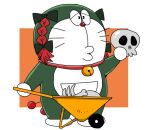  bell black_bow bow braid commentary_request doraemon doraemon_(character) hair_bow holding holding_skull jingle_bell kaenbyou_rin no_humans o3o onikobe_rin orange_background red_hair simple_background skull touhou twin_braids two-tone_background wheelbarrow white_background 