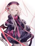  1girl absurdres arcaea black_capelet black_dress black_hat black_wings blunt_bangs bow capelet commentary cowboy_shot crescent crescent_hat_ornament dress dress_bow fang fur-trimmed_capelet fur-trimmed_dress fur-trimmed_sleeves fur_trim grey_eyes grey_hair hat hat_bow hat_ornament highres long_sleeves looking_at_viewer luna_(arcaea) mini_wings miyu_(miy_u1308) open_mouth red_bow short_hair_with_long_locks skin_fang solo standing white_background wings 