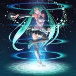  aqua_eyes aqua_hair detached_sleeves full_body hatsune_miku henshin long_hair nail_polish necktie open_mouth outstretched_hand pointing skirt smile solo standing standing_on_one_leg thighhighs twintails twisted_torso very_long_hair vocaloid wokada zettai_ryouiki 