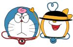 black_hat bow closed_mouth commentary_request doraemon doraemon_(character) frown hat hat_bow hat_over_eyes heart heart_of_string komeiji_koishi komeiji_satori looking_at_viewer no_humans onikobe_rin open_mouth simple_background smile third_eye touhou white_background yellow_bow 