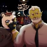 azure_(pupblueslut) bear brown_hair capri_artss clothing collar collared_shirt desk desk_fan dialogue dress_shirt fingerless_gloves five_nights_at_freddy&#039;s freddy_(fnaf) furniture giant_panda gloves hair handwear hi_res male male/male mammal meme necktie orc overhead_lighting pizzeria poster scottgames shirt table topwear torug_(pupblueslut) white_hair