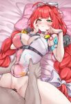  1boy 1girl absurdres bar_censor blush breasts censored commentary_request daram_(shappydude) glasses green_eyes green_hair heart heart-shaped_eyewear hetero highres large_breasts long_hair missionary mosaic_censoring parted_lips penis pussy red_hair sex sphere_hair_ornament spread_legs stomach_bulge swimsuit ukinami_yuzuha ukinami_yuzuha_(tanuki_in_broad_daylight) vaginal zenless_zone_zero 