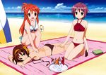  absurdres artist_request asahina_mikuru ass bare_shoulders beach bikini book breasts brown_hair cleavage drink hair_ribbon halter_top halterneck highres lotion lotion_bottle medium_breasts midriff multiple_girls nagato_yuki open_mouth ribbon scan short_hair side-tie_bikini sideboob smile surfboard suzumiya_haruhi suzumiya_haruhi_no_yuuutsu swimsuit tray untied 