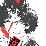  2boys absurdres amamiya_ren blazer blood blood_from_mouth card collared_coat dual_persona expressionless eye_mask floating_card greyscale hair_between_eyes hands_on_another&#039;s_chest high_collar highres injury jacket joker_(persona_5) kiss kissing_forehead looking_at_another male_focus messy_hair monochrome multiple_boys persona persona_5 pointy_nose qianyimuthyimu red_eyes selfcest shirt short_hair simple_background spot_color star_(symbol) tarot tarot_card turtleneck turtleneck_shirt upper_body white_background yaoi 
