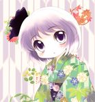  chibi green_kimono hair_ribbon highres japanese_clothes kimono konpaku_youmu obi purple_eyes ribbon sash silver_hair solo touhou upper_body yagasuri yukata yume_shokunin 