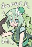  blush_stickers bow gloves green green_eyes green_hair hat leaning_forward mini_hat morino_hon open_mouth original salute simple_background sketch solo symbol-shaped_pupils teeth 