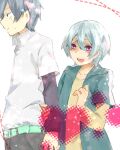  2boys :d belt belt_buckle black_pants buckle chest_height collarbone collared_shirt commentary_request cowboy_shot from_side girly_boy green_belt grey_hair grey_jacket hair_between_eyes halftone hand_on_another's_arm heart height_difference hikigaya_hachiman jacket layered_sleeves long_sleeves mahiro_313 male_focus multiple_boys open_clothes open_jacket open_mouth pants profile purple_eyes shirt short_over_long_sleeves short_sleeves sidelocks simple_background small_sweatdrop smile standing totsuka_saika trap white_background white_hair white_shirt yahari_ore_no_seishun_lovecome_wa_machigatteiru. yaoi 
