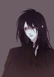  1boy black_hair commentary final_fantasy final_fantasy_vii gradient_clothes gradient_shirt grey_background hair_between_eyes long_hair looking_to_the_side male_focus parted_lips red_eyes roco_pic shirt solo twitter_username upper_body vincent_valentine 
