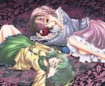  bad_id bad_pixiv_id blue_eyes floor green_hair hairband hand_on_own_face highres komeiji_koishi komeiji_satori long_sleeves lying motida multiple_girls on_back on_floor on_side one_eye_closed pink_hair pink_skirt red_eyes siblings sisters skirt smile third_eye touhou v v_over_eye 