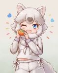  1girl :3 animal_ears blue_eyes blush brown_hair cowboy_shot hair_between_eyes heart highres kemono_friends long_sleeves midriff_peek multicolored_hair neckerchief official_alternate_costume one_eye_closed open_mouth pants raccoon_ears raccoon_girl raccoon_tail sailor_collar shirt short_hair sidelocks smile solo sparkle tail tanuki_(kemono_friends) tomato two-tone_hair white_hair white_neckerchief white_pants white_shirt zzz_ansh 