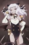  bad_id bad_pixiv_id bell chaos_code collar cthylla_(chaos_code) eyebrows flat_chest gloves grey_eyes grey_hair grin hair_ribbon heart ribbon smile solo teeth tentacles thighhighs uuta_(uturautouto) wings 